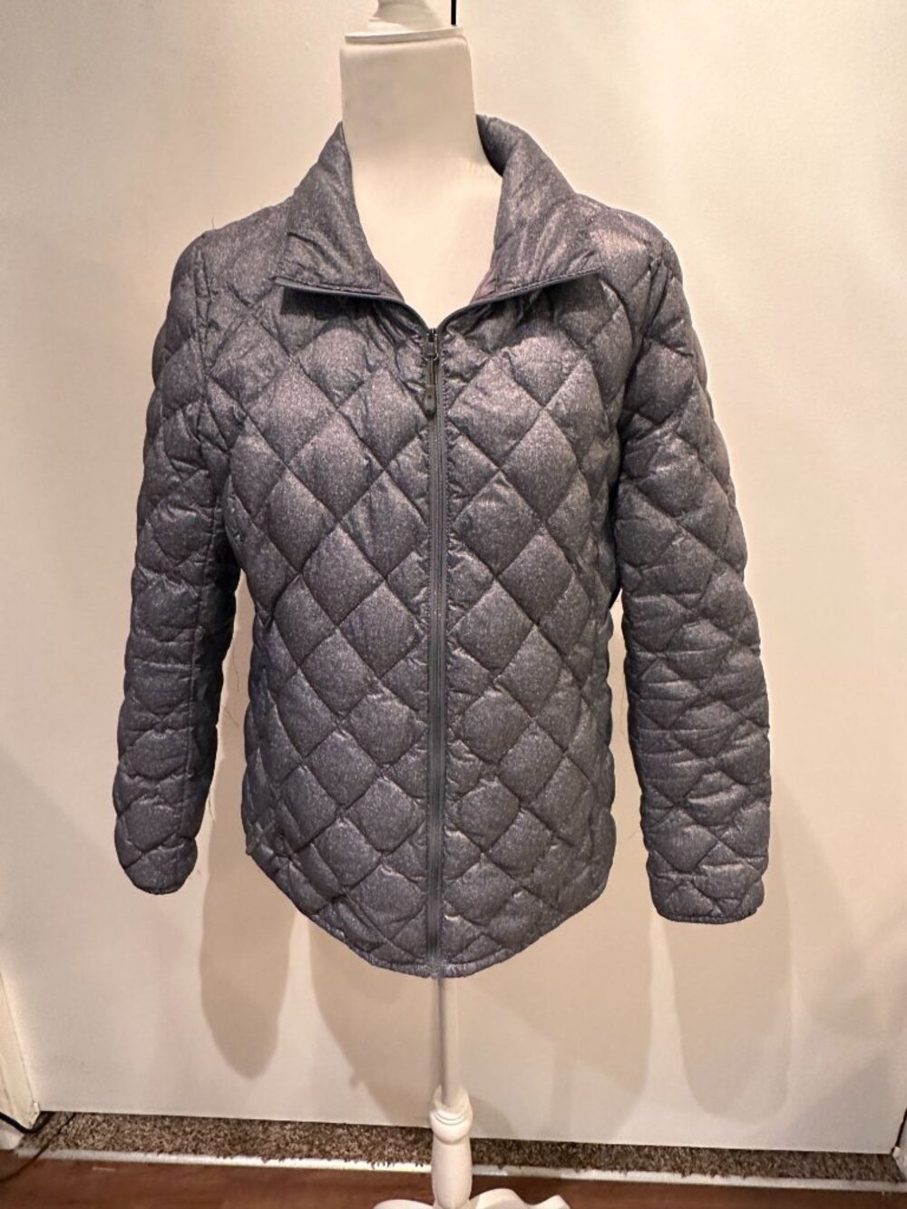 Quilted Gray Womens Jacket Large 90% Down Lightweight Insulated Full-Z